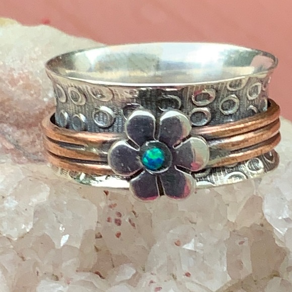 BOUTIQUE 2-TONE MEDITATION FIRE OPAL 925 RING, 8 - Picture 2 of 11